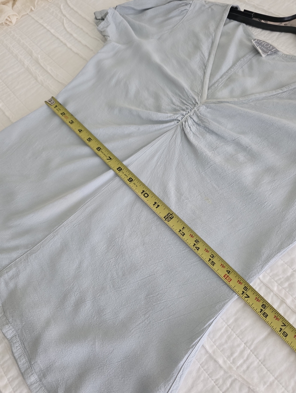 Vintage GHOST MADE IN ENGLAND Pale Blue V-Neck Gathered Front Blouse - Picture 9 of 11